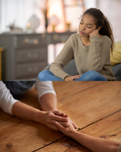 A young woman sits quietly with her head resting on her hand, looking downcast, paired with a close-up of two people holding hands across a wooden table in a gesture of comfort.