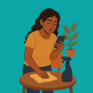 Illustration of a distracted Indo-Caribbean woman cleaning a table while looking at her phone.