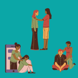 Illustration of three scenes showing people emotionally supporting others: one person comforting another face-to-face, one person offering support through a phone screen, and another gently holding someone sitting on the ground with their head down. The background is teal, and all figures are shown in a warm, flat-style design.</p>
<p>