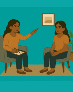 A BIPOC female therapist and her client sit across from each other in a calm, teal-colored therapy room during an EMDR session. The therapist gently gestures with one hand while holding a notepad, and the client looks on with a relaxed expression.