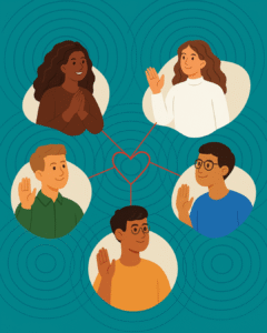 Illustration of five diverse people, each surrounded by ripples that overlap, connected by red lines forming a heart to symbolize the ripple effect of conversations.