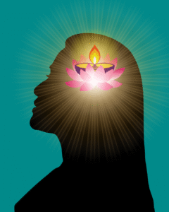 A silhouette of a human head with a glowing diya lamp and lotus flower inside the mind, radiating light outward against a teal background, symbolizing inner illumination, mindfulness, and the balance of light and shadow during Diwali.