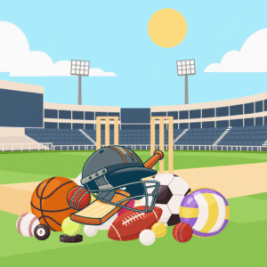 A colorful illustration of a sports stadium under a bright sky with various sports equipment, including a cricket bat, helmet, basketball, soccer ball, volleyball, and other gear arranged on the field, symbolizing unity through different sports.