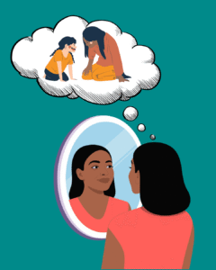Illustration of a brown Indo-Caribbean woman looking into a mirror with a gentle smile, imagining a memory of nurturing her child inside a puffy thought bubble. Teal background.