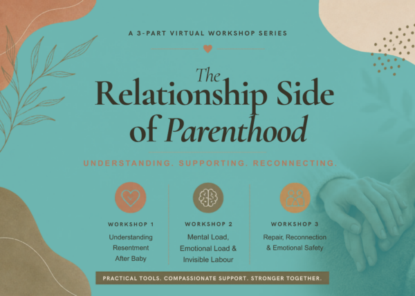 Promotional graphic for “The Relationship Side of Parenthood,” a 3-part virtual workshop series focused on postpartum relationships, resentment, emotional load, repair, and reconnection. The design features soft neutral and teal tones, botanical illustrations, and an image of two people holding hands.