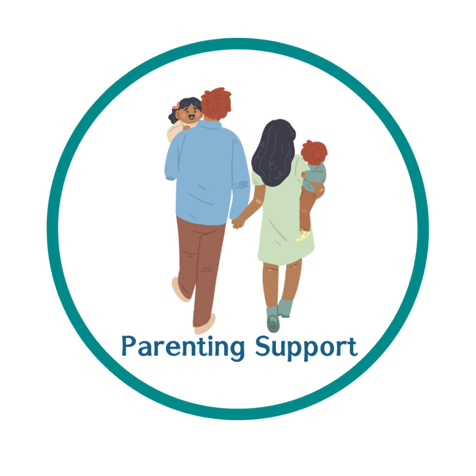 Illustration of two parents walking hand in hand while each carries a young child, representing parenting support and family well-being.
